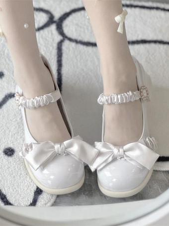 Ecru WhiteSweet Lolita Footwear Light Sky Blue Bows Lace PU Leather Chunky Heel Lolita Pumps