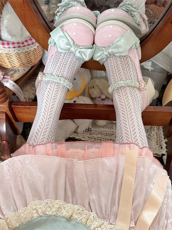 Pastel GreenSweet Lolita Footwear Light Sky Blue Bows Lace PU Leather Chunky Heel Lolita Pumps