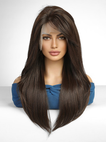 ディープブラウン女性用ロングウィッグ ディープブラウン サイドパート 耐熱ファイバー エレガント ミディアム 合成ウィッグ