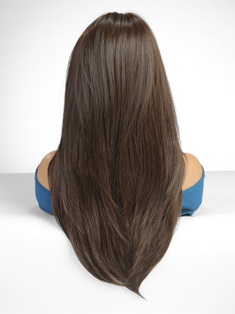 女性用ロングウィッグ ディープブラウン サイドパート 耐熱ファイバー エレガント ミディアム 合成ウィッグ