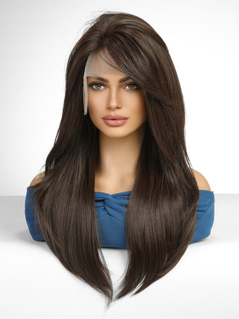 女性用ロングウィッグ ディープブラウン サイドパート 耐熱ファイバー エレガント ミディアム 合成ウィッグ