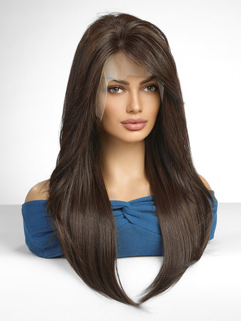 女性用ロングウィッグ ディープブラウン サイドパート 耐熱ファイバー エレガント ミディアム 合成ウィッグ