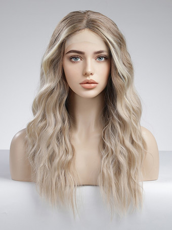 ライトゴール女性用ロングウィッグ ライトゴールド カーリー 耐熱ファイバー レイヤード ロング 合成ウィッグ