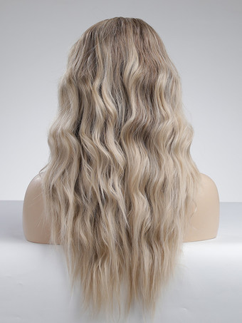 女性用ロングウィッグ ライトゴールド カーリー 耐熱ファイバー レイヤード ロング 合成ウィッグ