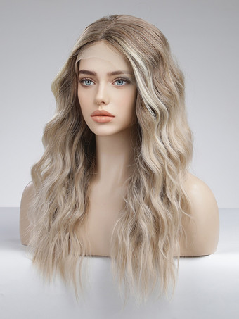 女性用ロングウィッグ ライトゴールド カーリー 耐熱ファイバー レイヤード ロング 合成ウィッグ