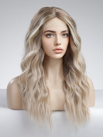 女性用ロングウィッグ ライトゴールド カーリー 耐熱ファイバー レイヤード ロング 合成ウィッグ