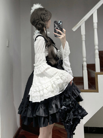 ゴシックロリータブラウス ブラック 長袖 ロリータトップス フリル レース ロリータシャツ