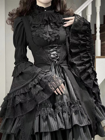 Gothic Lolita Blouses Black Long Sleeves Lolita Top Ruffles Lace Lolita Shirt