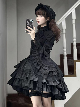 ゴシックロリータブラウス ブラック 長袖 ロリータトップス フリル レース ロリータシャツ