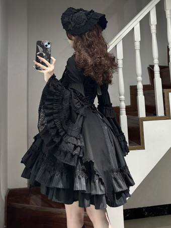 ゴシックロリータブラウス ブラック 長袖 ロリータトップス フリル レース ロリータシャツ
