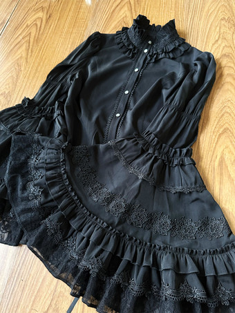 ゴシックロリータブラウス ブラック 長袖 ロリータトップス フリル レース ロリータシャツ