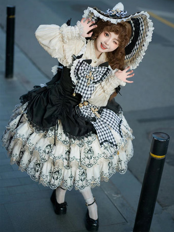 ゴシック ロリータ ケープ ブラック ポリエステル フリル リボン チェック柄 冬用 ロリータ アウター