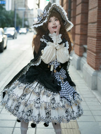 ゴシック ロリータ ケープ ブラック ポリエステル フリル リボン チェック柄 冬用 ロリータ アウター