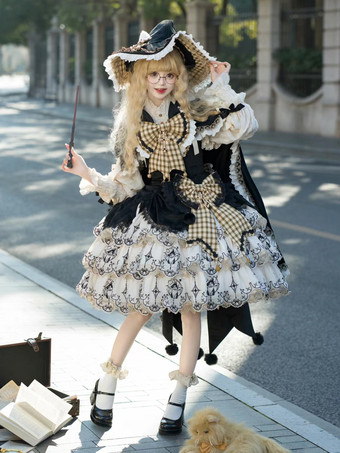 ゴシック ロリータ ケープ ブラック ポリエステル フリル リボン チェック柄 冬用 ロリータ アウター