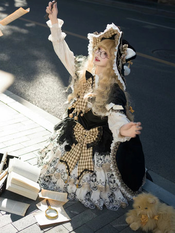 ゴシック ロリータ ケープ ブラック ポリエステル フリル リボン チェック柄 冬用 ロリータ アウター