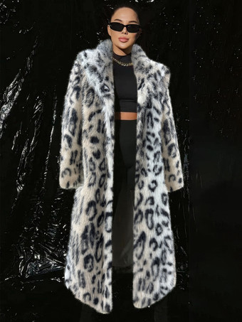 暖かい白ヒョウ柄フェイクファーコート オーバーサイズラペル 冬用ベルト付きロングジャケット 2025年モデル