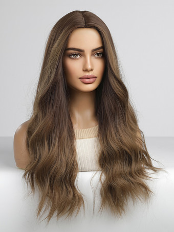 女性用ロングウィッグ コーヒーブラウン カーリー 耐熱ファイバー 乱れたロング合成ウィッグ