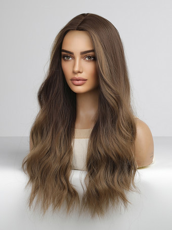 ブラウン 女性用ロングウィッグ コーヒーブラウン カーリー 耐熱ファイバー 乱れたロング合成ウィッグ