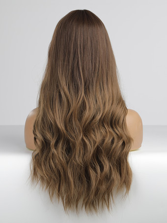 女性用ロングウィッグ コーヒーブラウン カーリー 耐熱ファイバー 乱れたロング合成ウィッグ