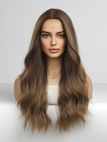女性用ロングウィッグ コーヒーブラウン カーリー 耐熱ファイバー 乱れたロング合成ウィッグ