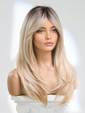 女性用ロングウィッグ ライトゴールド 前髪/フリンジ付き 耐熱ファイバー レイヤード ロング 合成ウィッグ