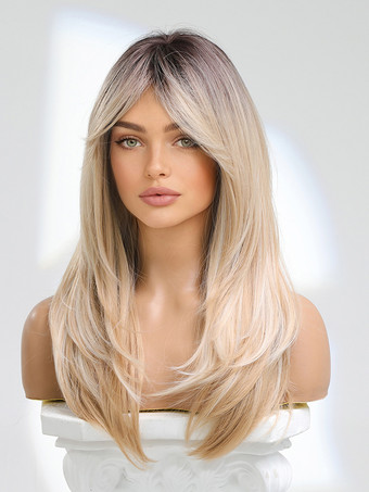 女性用ロングウィッグ ライトゴールド 前髪/フリンジ付き 耐熱ファイバー レイヤード ロング 合成ウィッグ