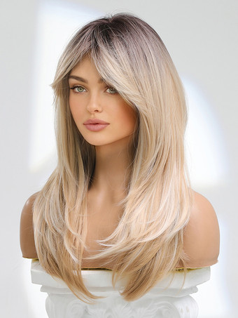 女性用ロングウィッグ ライトゴールド 前髪/フリンジ付き 耐熱ファイバー レイヤード ロング 合成ウィッグ