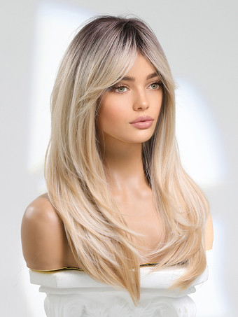 ライトゴール女性用ロングウィッグ ライトゴールド 前髪/フリンジ付き 耐熱ファイバー レイヤード ロング 合成ウィッグ