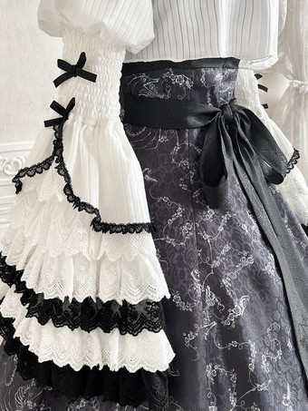 ゴシックロリータブラウス ロリータトップ ホワイト 長袖 フリル レース ロリータシャツ