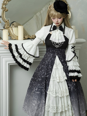 ゴシックロリータブラウス ロリータトップ ホワイト 長袖 フリル レース ロリータシャツ