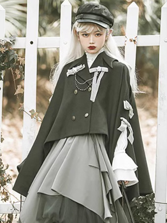 ゴシックロリータケープ コーヒーブラウン ポリエステル リボンチェーン 冬用ロリータアウター