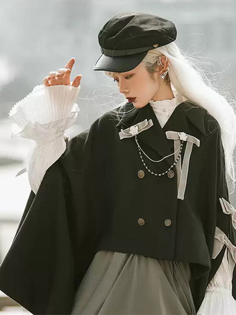 ブラック ゴシックロリータケープ コーヒーブラウン ポリエステル リボンチェーン 冬用ロリータアウター