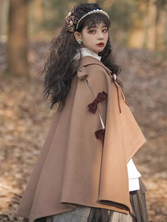 ゴシックロリータケープ コーヒーブラウン ポリエステル リボンチェーン 冬用ロリータアウター