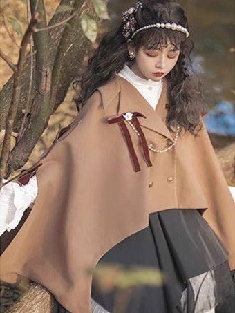 ゴシックロリータケープ コーヒーブラウン ポリエステル リボンチェーン 冬用ロリータアウター