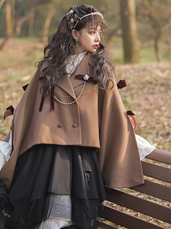 ゴシックロリータケープ コーヒーブラウン ポリエステル リボンチェーン 冬用ロリータアウター