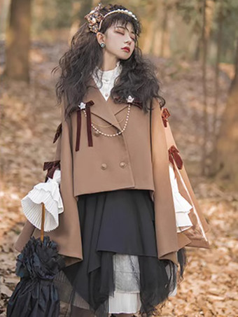ブラウン ゴシックロリータケープ コーヒーブラウン ポリエステル リボンチェーン 冬用ロリータアウター