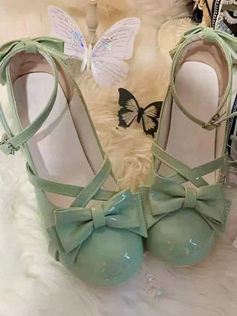 グリーン スイートロリータフットウェア グリーンリボン カラーブロック PUレザー チャンキーヒール ロリータパンプス