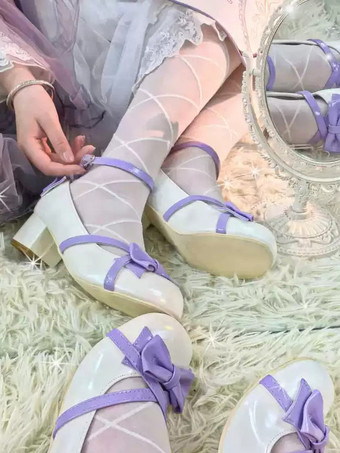 スイートロリータフットウェア グリーンリボン カラーブロック PUレザー チャンキーヒール ロリータパンプス