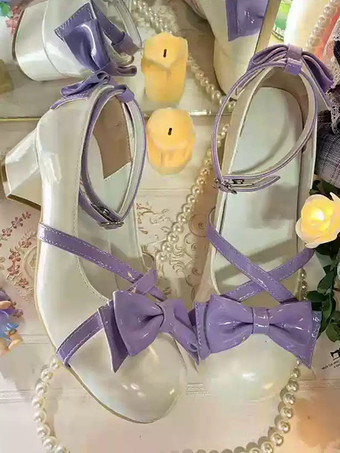 パープル スイートロリータフットウェア グリーンリボン カラーブロック PUレザー チャンキーヒール ロリータパンプス