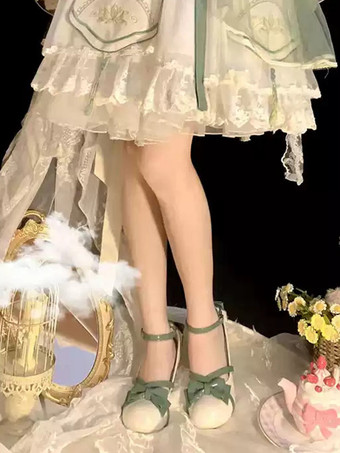 スイートロリータフットウェア グリーンリボン カラーブロック PUレザー チャンキーヒール ロリータパンプス
