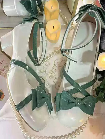 スイートロリータフットウェア グリーンリボン カラーブロック PUレザー チャンキーヒール ロリータパンプス