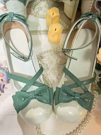 ホワイト スイートロリータフットウェア グリーンリボン カラーブロック PUレザー チャンキーヒール ロリータパンプス