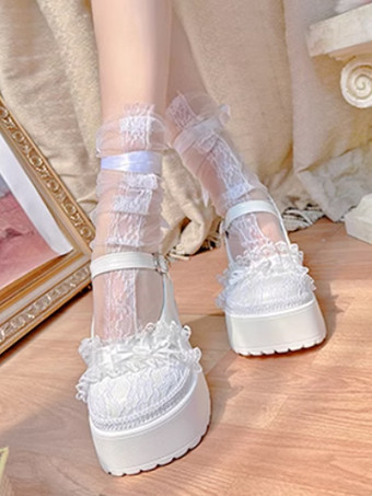 スイートロリータフットウェア エクリュホワイトリボンレース PUレザーチャンキーヒールロリータパンプス