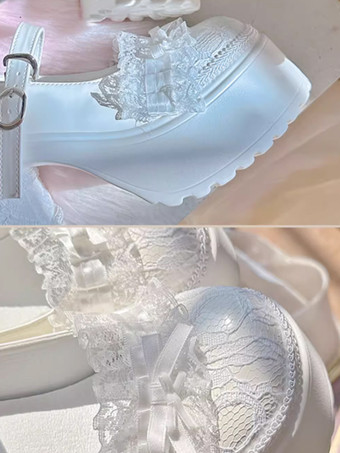 スイートロリータフットウェア エクリュホワイトリボンレース PUレザーチャンキーヒールロリータパンプス