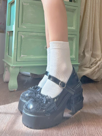 ブラック スイートロリータフットウェア エクリュホワイトリボンレース PUレザーチャンキーヒールロリータパンプス