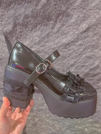 スイートロリータフットウェア エクリュホワイトリボンレース PUレザーチャンキーヒールロリータパンプス