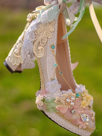 アイボリー ロリータ ウェディングドレス ロリータ フットウェア ピンク レース フリル パール 花 ラウンドトゥ PU レザー ロリータ シューズ