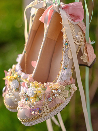 ロリータ ウェディングドレス ロリータ フットウェア ピンク レース フリル パール 花 ラウンドトゥ PU レザー ロリータ シューズ