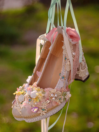 ロリータ ウェディングドレス ロリータ フットウェア ピンク レース フリル パール 花 ラウンドトゥ PU レザー ロリータ シューズ