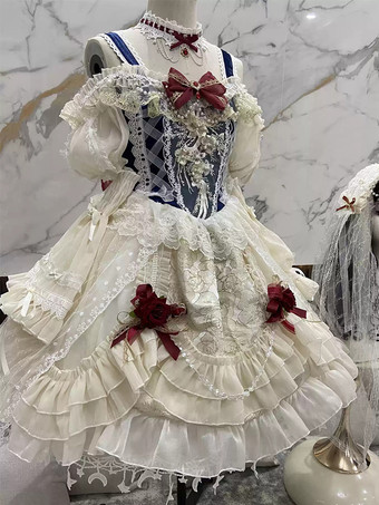 ゴシックロリータドレス レースフリル カラーブロック エクリュホワイト エクリュホワイト